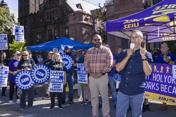 Union members speaking on the picket lines